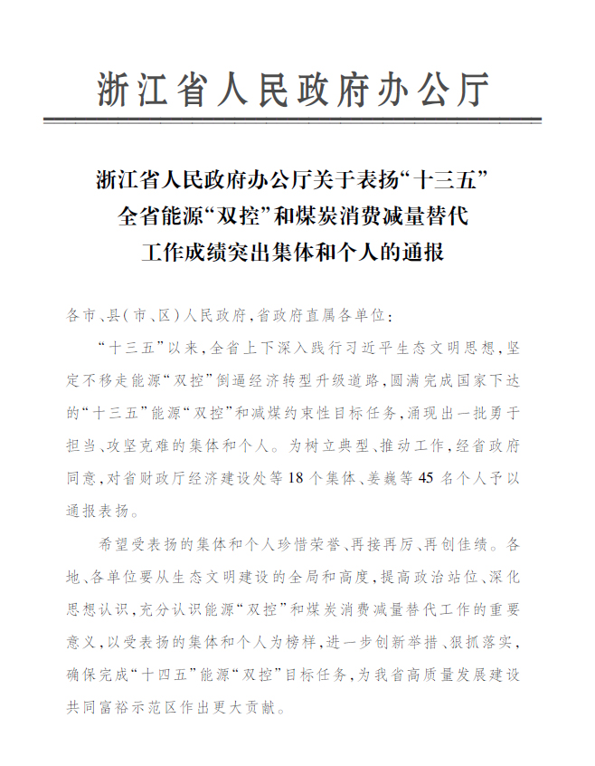 okpay钱包永嘉公司付金轩获“浙江省能源‘双控’工作成绩突出个人”表彰